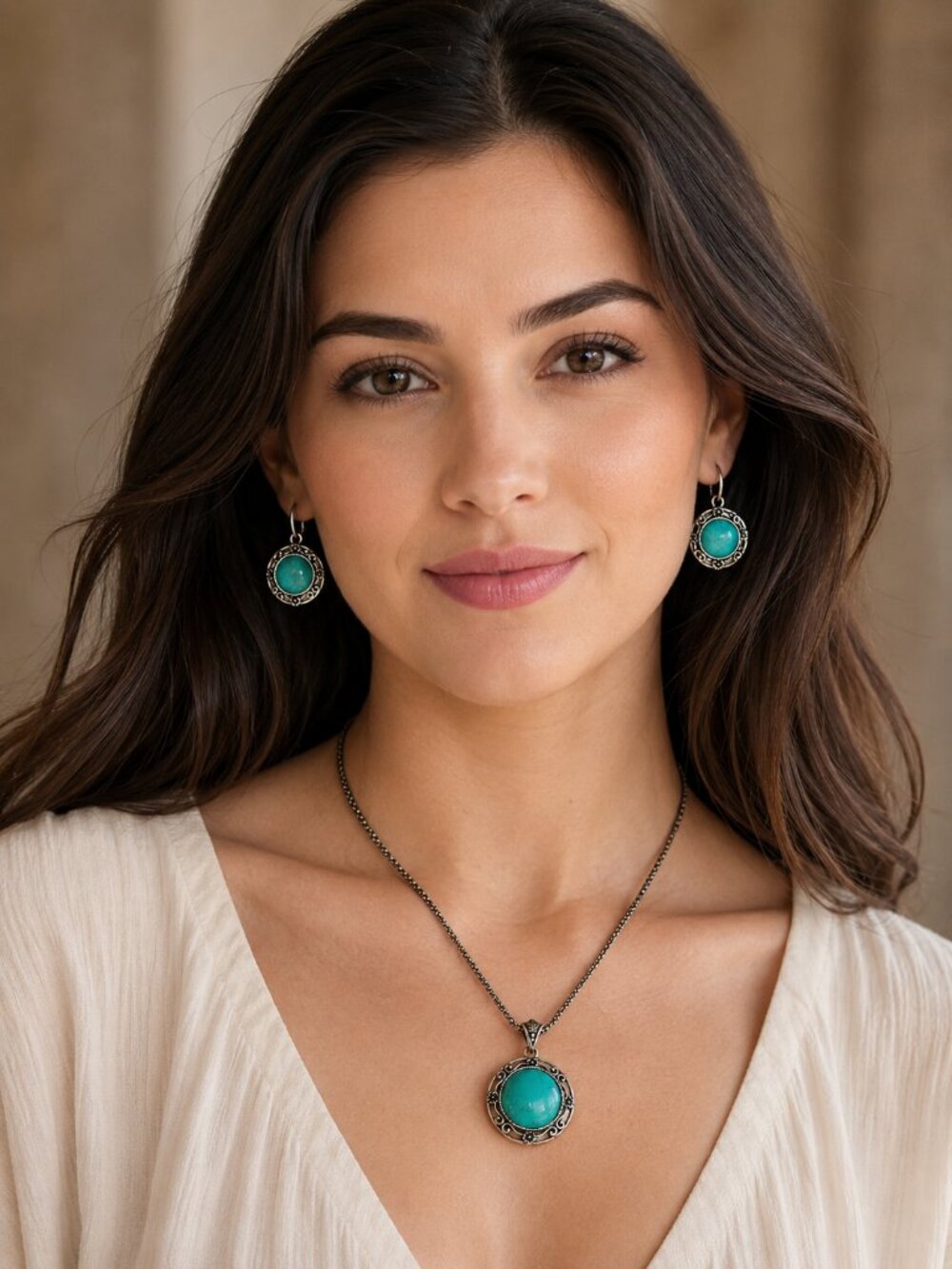 Vintage Style Turquoise-look Cabochon Statement Necklace & Earrings Matching Set